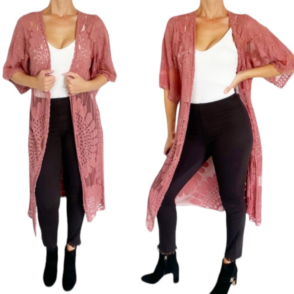 Rebellion mauve pink sheer mesh floral embroidered kimono style top size small